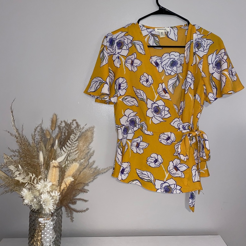 Floral, Mustard Yellow Peplum Top, Size M